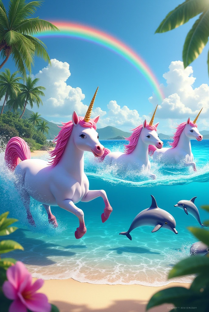 Create a colorful image with unicorns and dolphins inside a realistic beach with the horses swimming with the dolphins jumping on the beach colorful with rainbows and everything with many colors and various horses and unicorns and colors and fanciful quite fantasy and colors