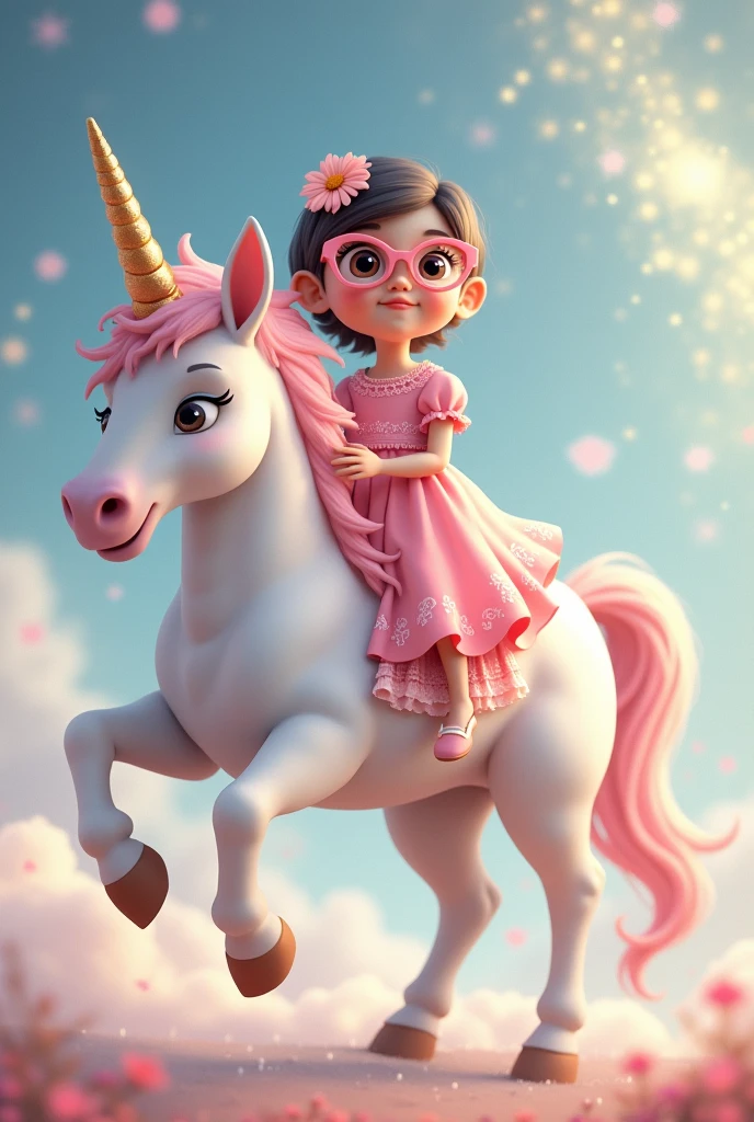 I would like to create an image of a unicorn ridden by a girl wearing pink glasses.