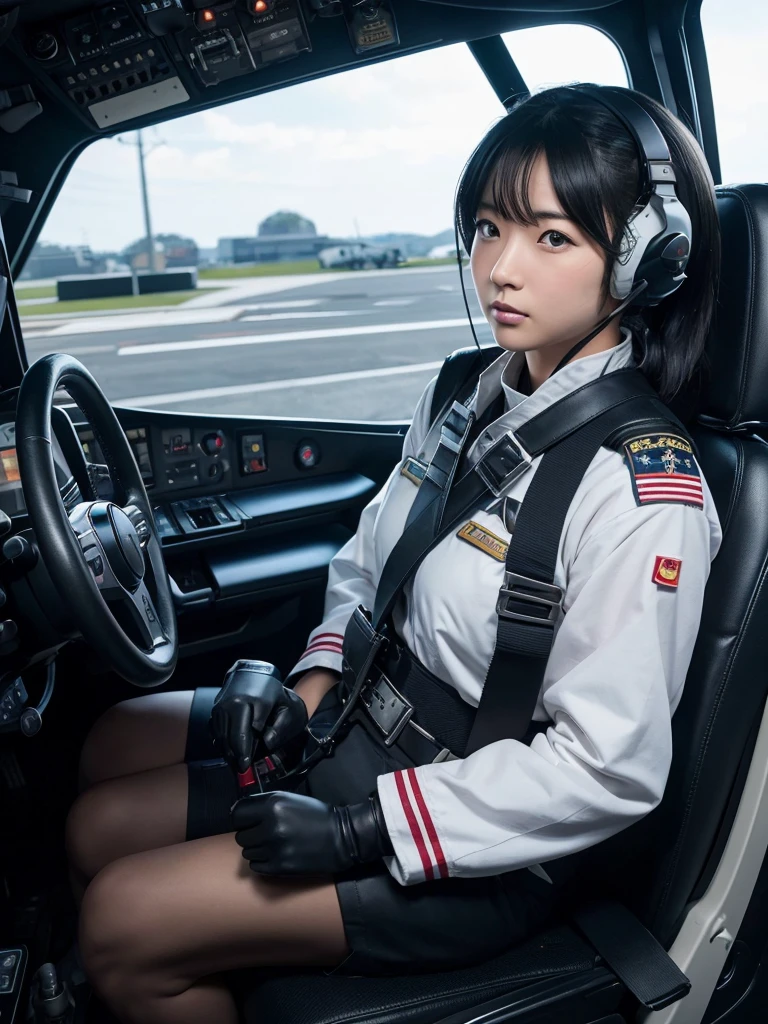 Japanese female air force pilots,Black Hair,He is fully secured in his seat in the cockpit of a fighter jet by a thick harness.,Plump,Slightly thicker,Squat,Helmet,Surrounded by switches and monitors,