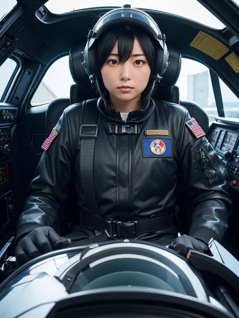 Japanese female air force pilots,Black Hair,He is fully secured in his seat in the cockpit of a fighter jet by a thick harness.,Plump,Slightly thicker,Squat,Helmet,Surrounded by switches and monitors,