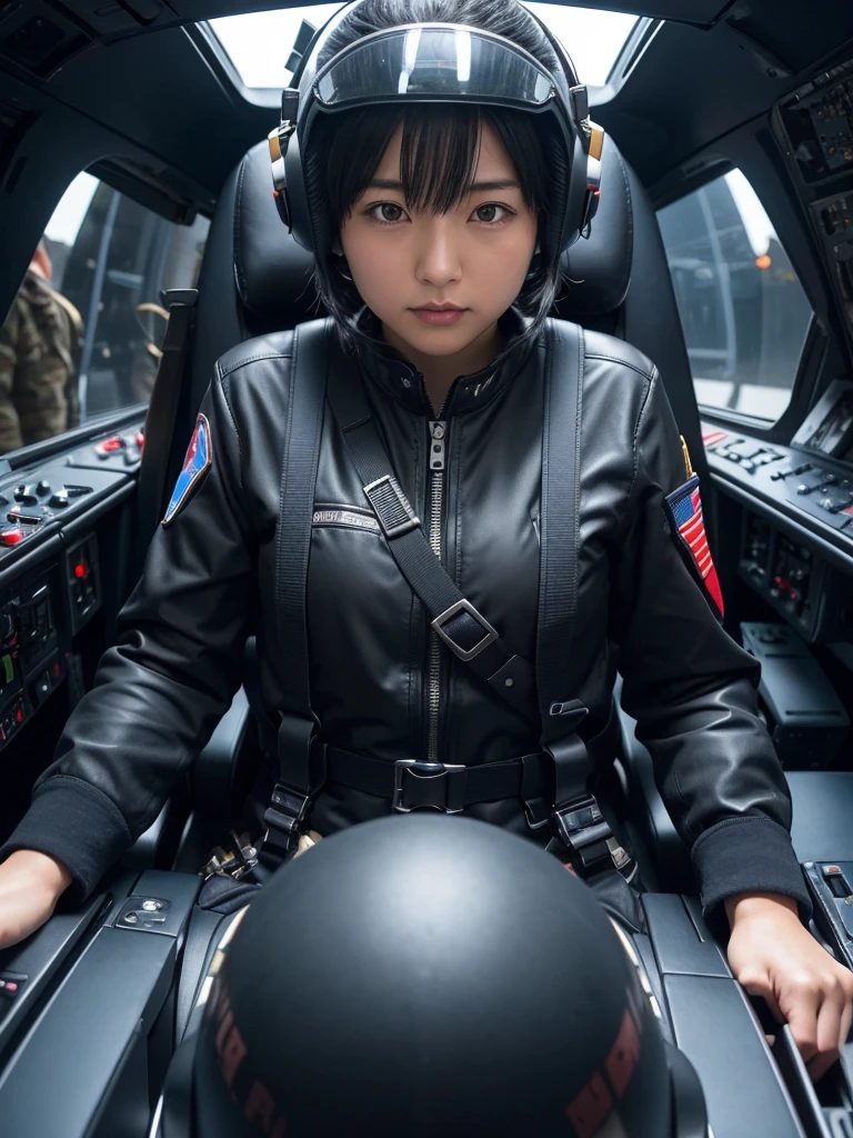 Japanese female air force pilots,Black Hair,He is fully secured in his seat in the cockpit of a fighter jet by a thick harness.,Plump,Slightly thicker,Squat,Helmet,Surrounded by switches and monitors,