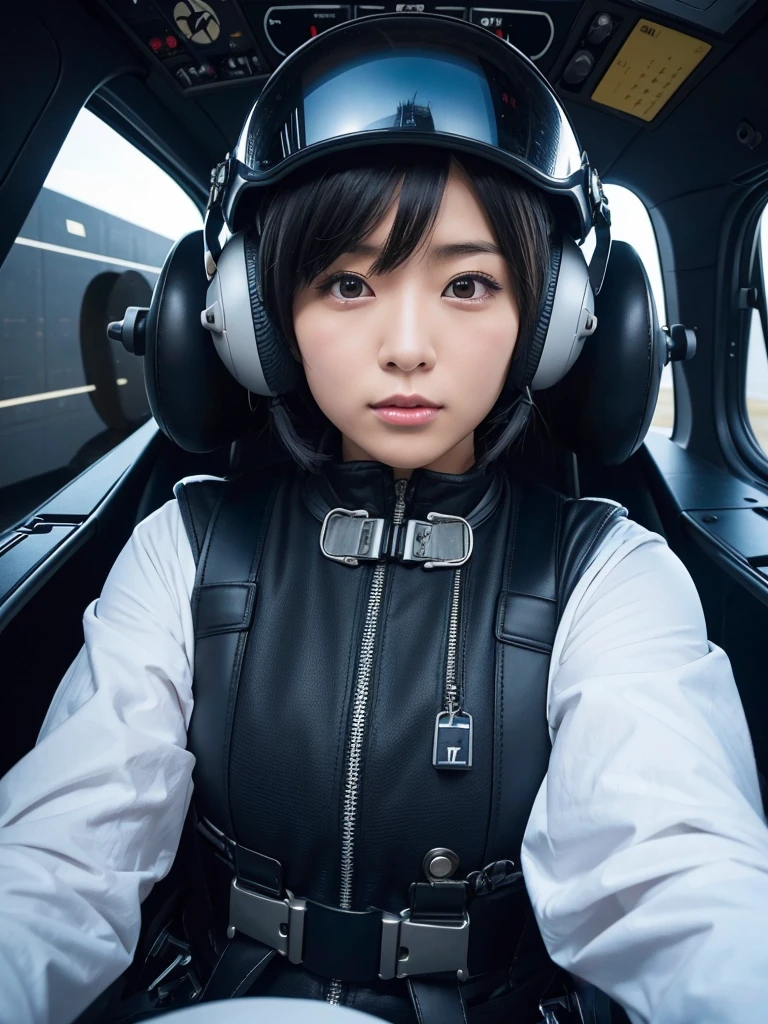 Japanese female air force pilots,Black Hair,He is fully secured in his seat in the cockpit of a fighter jet by a thick harness.,Plump,Slightly thicker,Squat,Helmet,Surrounded by switches and monitors,
