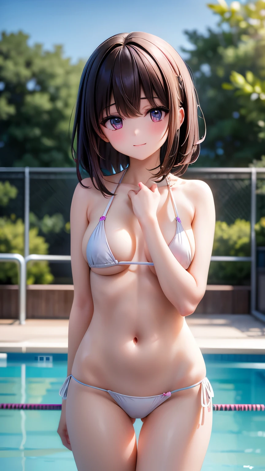 (4K,masterpiece,Highest quality),Cowboy Shot,Buckshot,(At the school pool),(Simple Background),short hair,Medium Hair,Long Hair,Brown Hair,Detailed face,A light smile,shy,(All pages (Two Japanese women)),(3):1.2,Slender body,Detailed skin,Beautiful Eyes,Mid-chest,Beautiful Hips,(Micro Bikini),Lean forward,Recall,Stick your butt out,