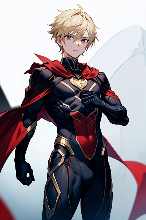 2 masculine man with short blonde hair black eyes, Muscular ectomorph body dressed in a black full-body superhero suit with a red emblem on the chest and a blue cape posing with arms crossed