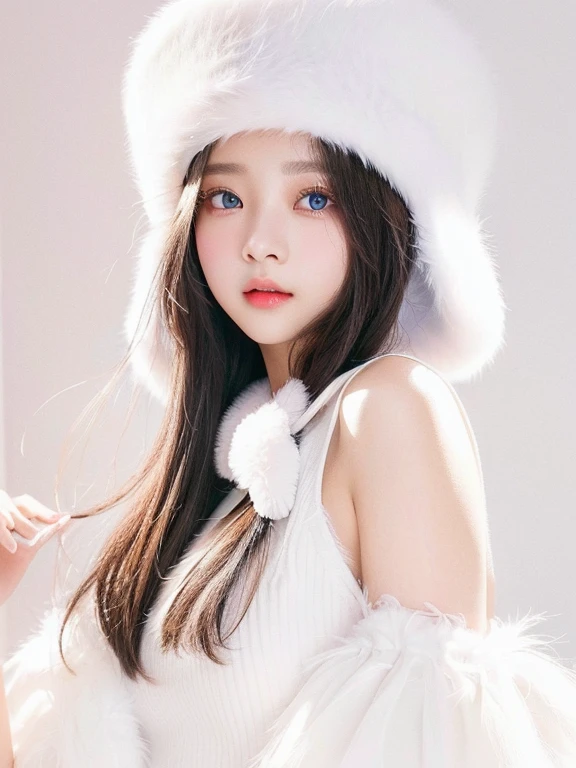 Araffe girl with a white fur hat posing for a photo and blue like eyes, jennie pink black, tzuyu of two times, # Oc, #Oc, ulzzang, Leaked image, Jisoo from blackpink, sakimichan, bae suzy, Jisoo from blackpink, Jaeyeon Nam, dilraba dilmurat, ig model | artegerm, big breasts, heavy breasts