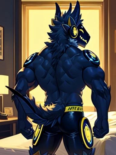 Scorpion Protogen hybrid, bedroom, muscles, no shirt, no pants, stinger, no fur, black scales, scorpion tail, yellow lights, evil grin, back view, ass