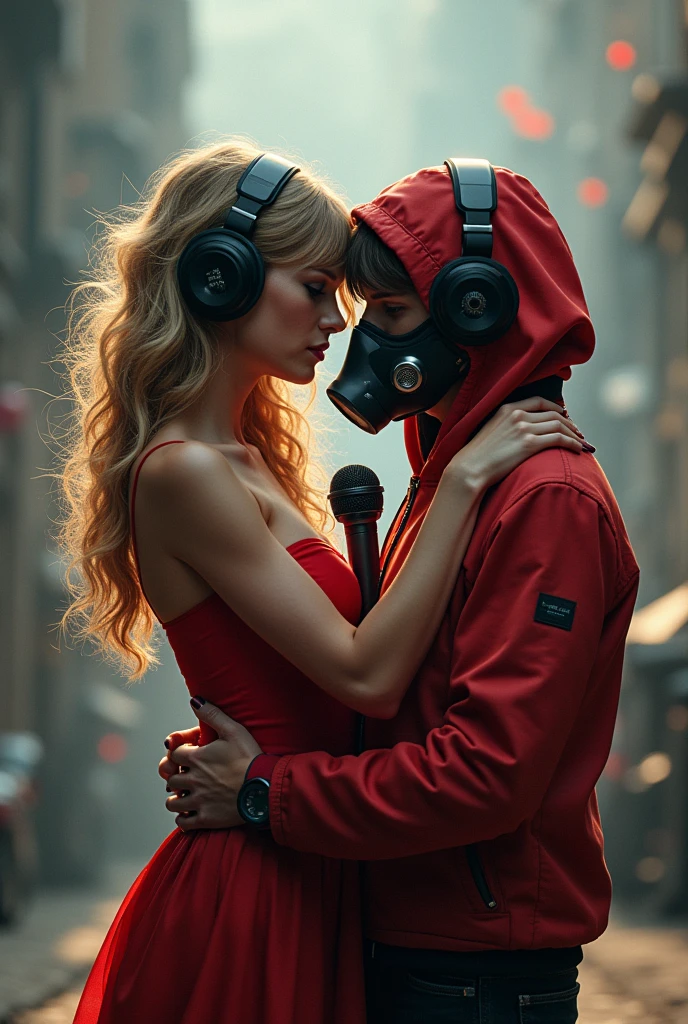 Taylor Swift, realistic, big breasts, microphone, full body & Youg boy with red hoodie, headphones, Star-lord helmet, rocket boots, gas helmet, covered mouth, round red, eyes, front cover, hugging, love, Romance, hug, ficcion, Magic world.