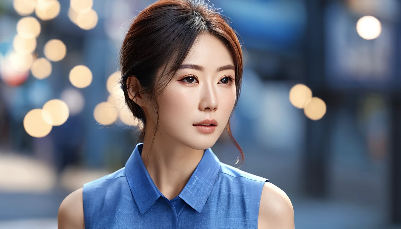woman,Japanese,Blue Shirt,No sleeve,Realistic details, High resolution,Bokeh,Excellent details