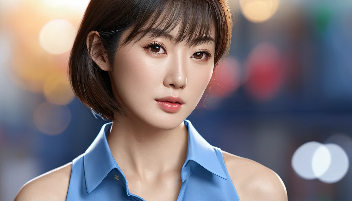 woman,Japanese,Blue Shirt,No sleeve,Realistic details, High resolution,Bokeh,Excellent details