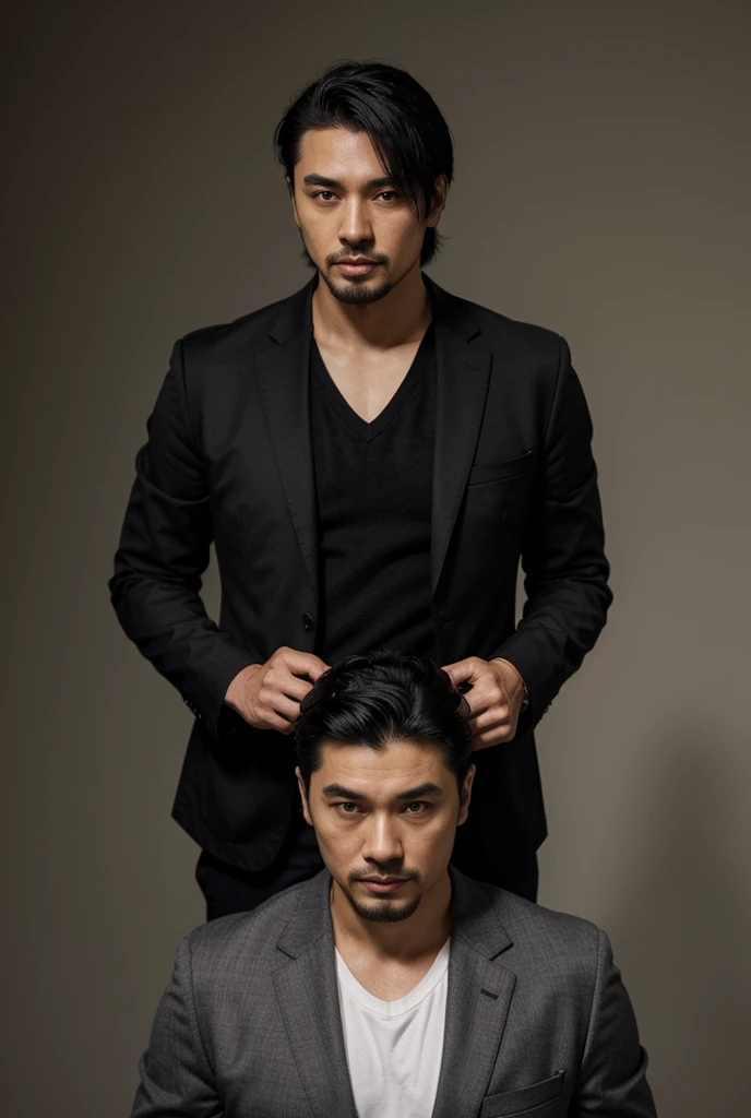 You can create a 3 Russian Japanese man with a goatee and black hair wearing a smart but casual suit. 