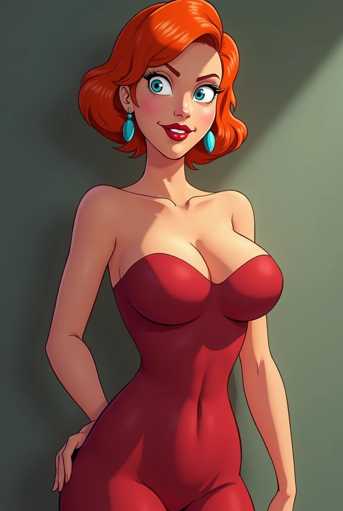 Lois Griffin, 1 girl, blue earrings, short hair, Alone, lipstick, Orange hair, aquamarine shirt, beige pants ,looking at the viewer, smile, ((huge ass))), small waist, big breasts, Tight clothes, sexy,