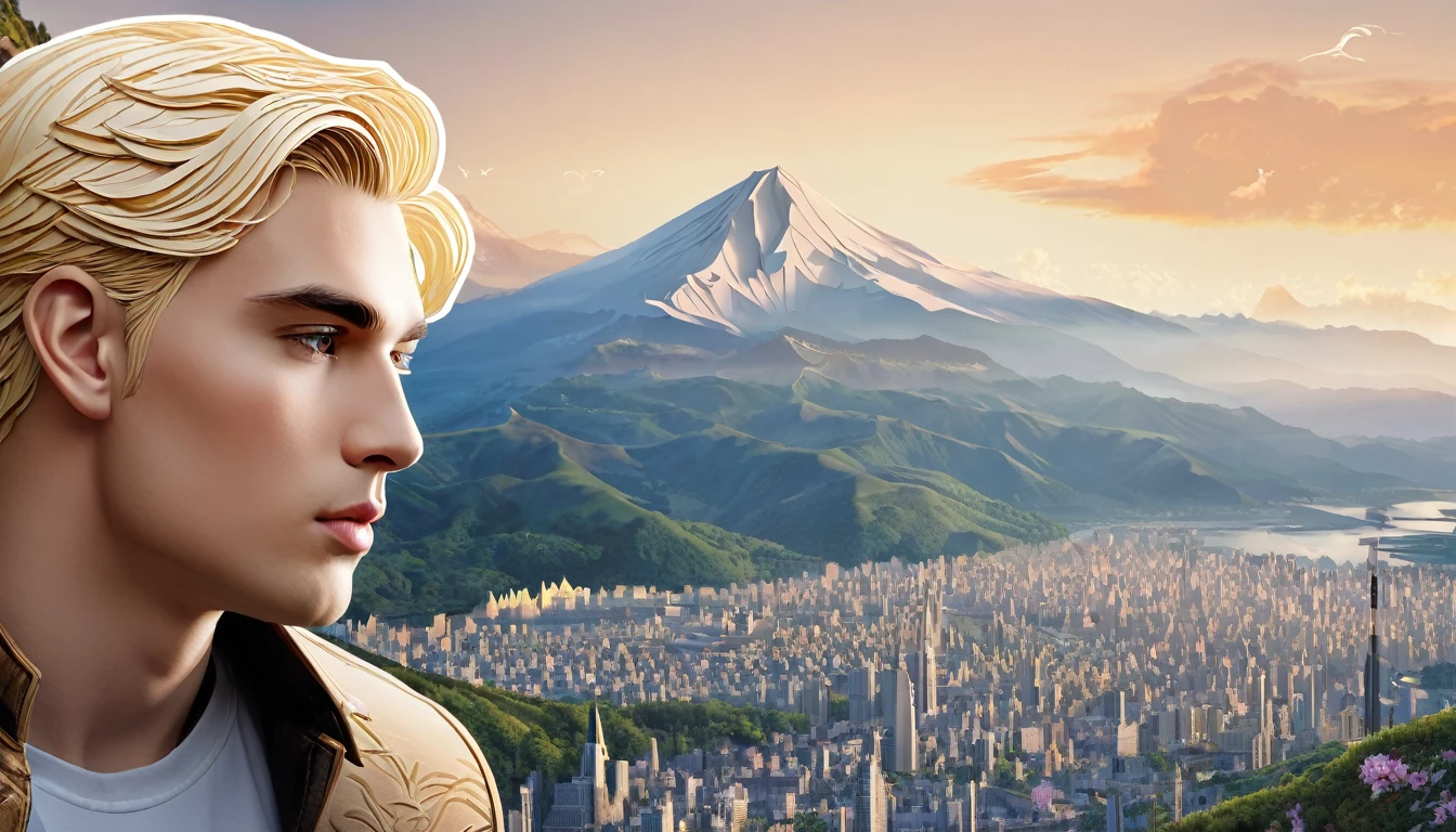 (masterpiece),(Highest quality), figure, (Fantasy:1.4), Perfect male face, alone, cute detailed digital art, Beautiful Face, Blonde, city, Mountain, Young people, , paper_cut