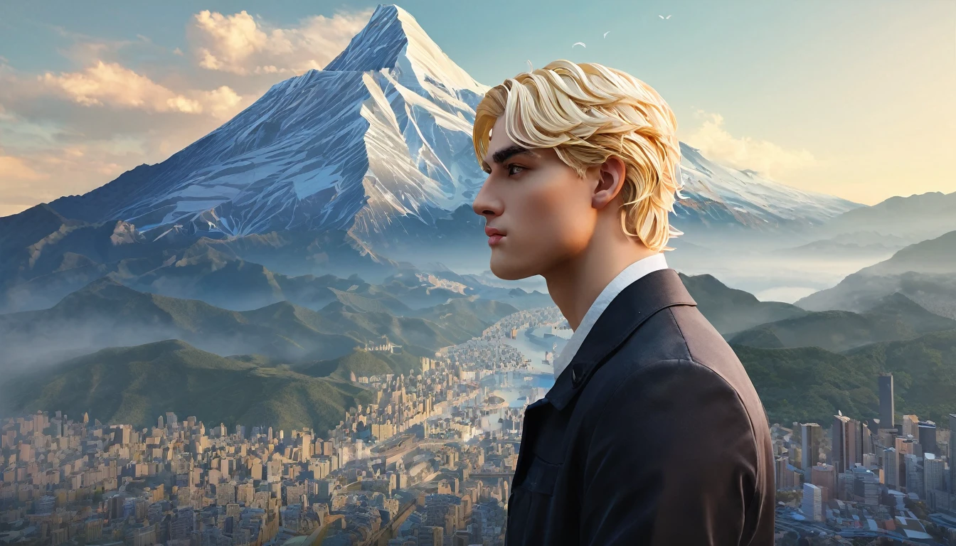 (masterpiece),(Highest quality), figure, (Fantasy:1.4), Perfect male face, alone, cute detailed digital art, Beautiful Face, Blonde, city, Mountain, Young people, , paper_cut