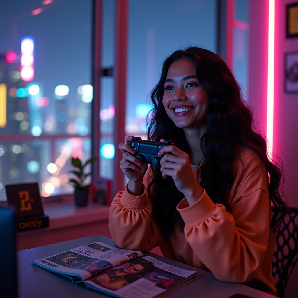 realistic photo of a (pretty girl, 20 years old, brunette, black eyes) as pop influencer playing with a Playstation joystic at mouth at her cosy apartament into a glass building , (full lips) , ((perfect face)), [[mild smile]], proportionate body,mixed  herritage, [nubyan nose], beautyfull, beautyfull face, tanned skin, two arms, two legs, five fingers by hand, full body, (softly curly black long hair), girl liking a playstation joystick, girl puting a joystic at her mouth, influencer making a video, collorfull clothes, syntpunk vibes, [computer], gamer decoration, magazines and collectibles at shelves, cyberpunk city after glass panels, neon, night, instagram influencer photo

