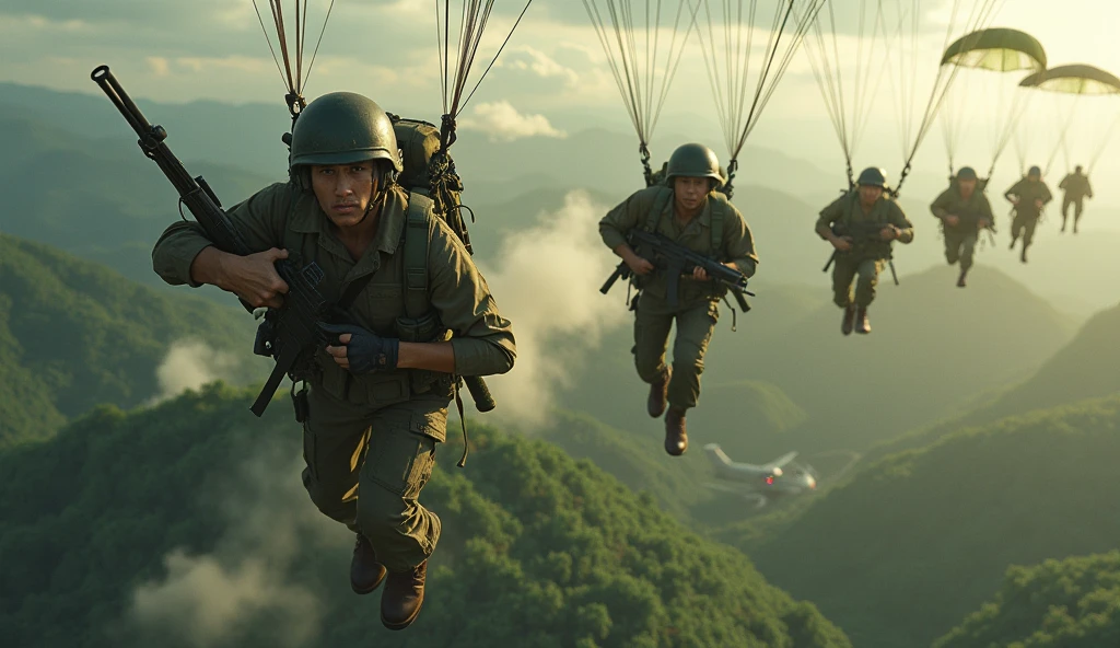 realistic high quality 8k Vietnam war paratrooper military soldiers jumping from airplanes, detailed military uniform, detailed facial features, intense action scene, birds eye view from aircraft, dramatic lighting, cinematic composition, military equipment, detailed landscape, lush vegetation, realistic dust and debris