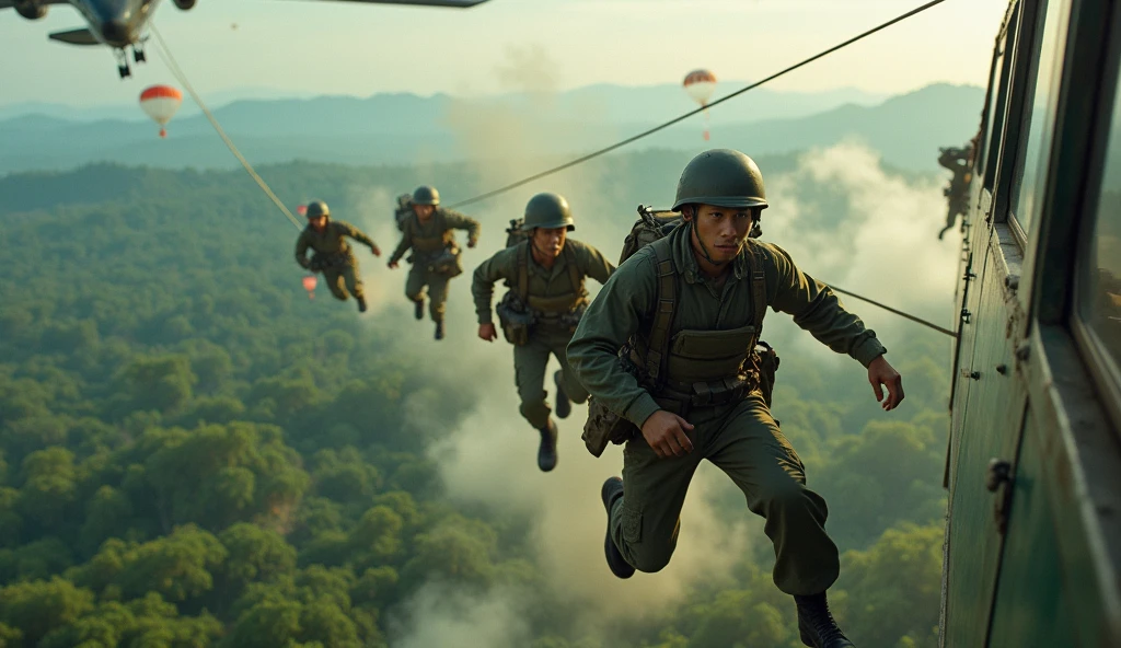 realistic high quality 8k Vietnam war paratrooper military soldiers jumping from airplanes, detailed military uniform, detailed facial features, intense action scene, birds eye view from aircraft, dramatic lighting, cinematic composition, military equipment, detailed landscape, lush vegetation, realistic dust and debris