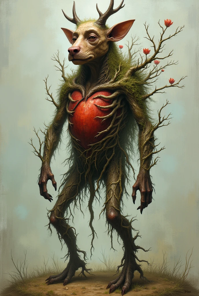 man's head with animal heart and tree legs