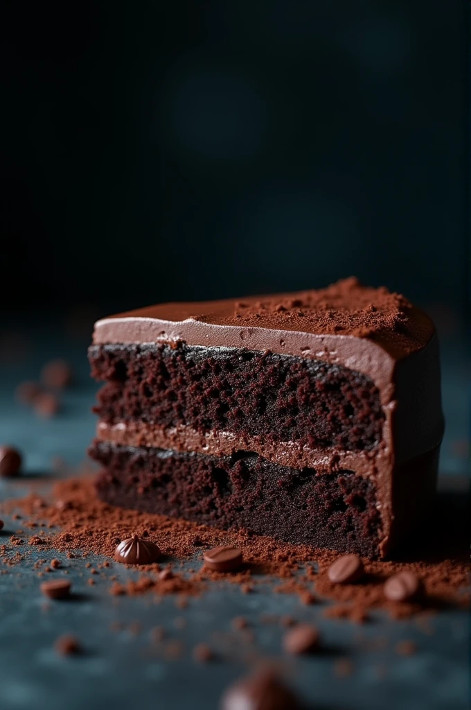cinematic film still chocolate, chocolate cake, dark background, quality photo, moist texture, frosting, studio photo, slice . shallow depth of field, vignette, highly detailed, high budget, bokeh, cinemascope, moody, pic, gorgeous, film grain, grainy