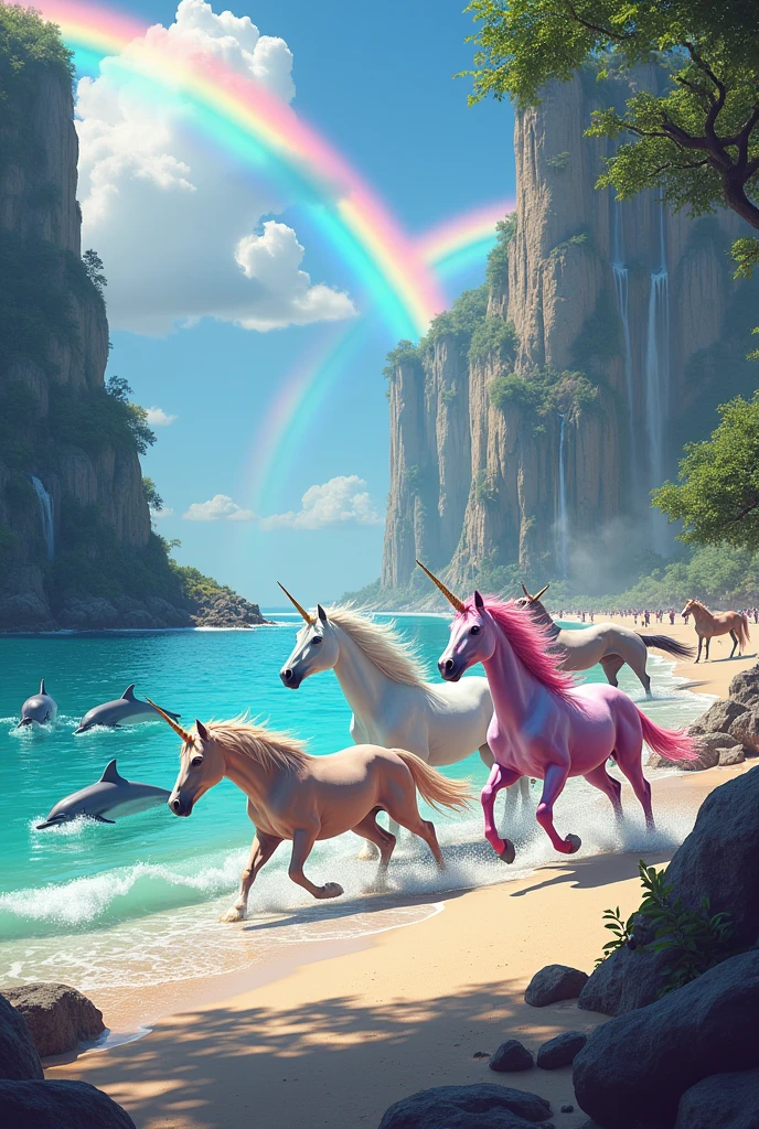 Create a colorful image with unicorns and dolphins inside a realistic beach with the horses swimming with the dolphins jumping on the beach colorful with rainbows and everything with many colors and various horses and unicorns and colors and fanciful quite fantasy and colors and realistic inside the beach
