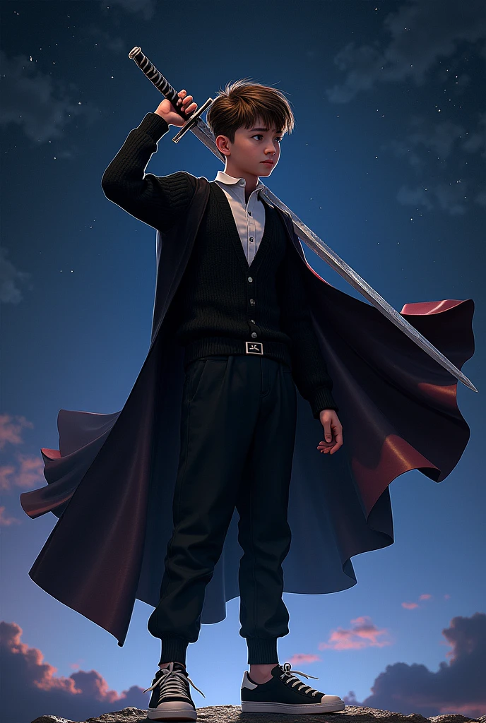 A boy with brown hair combed back, dressed in a black military sweater, underneath a white player, black pants and black and white adidas superstars, with a sword with shades of grey, black and white, and he also wears a cape that has the night sky with stars on it