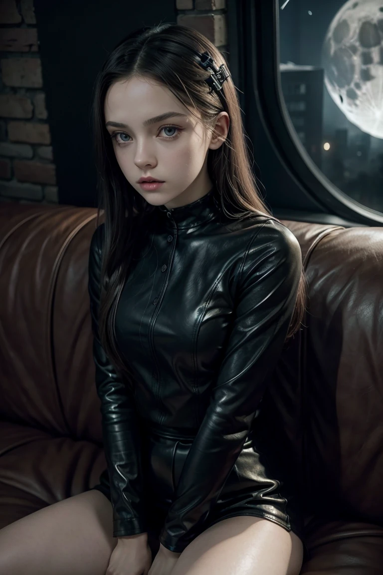 masterpiece. . detailed beautiful teen Wednesday Addams. . detailed short tight leather costume, . athletic. . night. sitting on sofa. . background moon. from above camera.