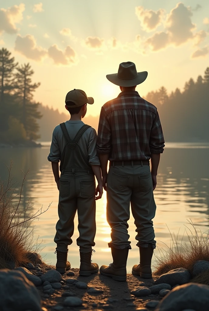 Create an image of a young fisherman with his father seen from behind on the rocky river bank at sunrise