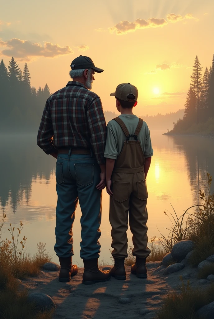Create an image of a young fisherman with his father seen from behind on the rocky river bank at sunrise