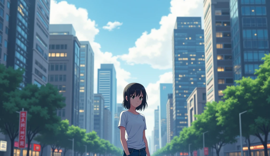 Anime girl in a city with casual clothes black hair during the day cloudy 