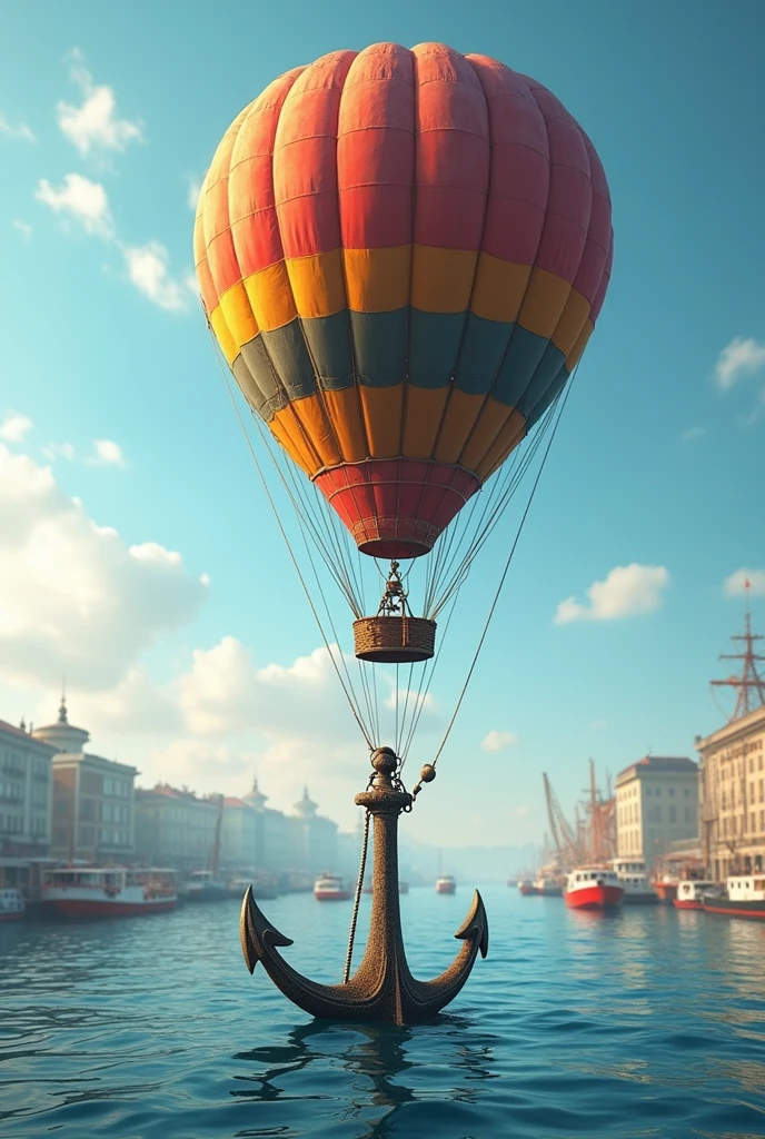 a balloon pulling an anchor with ropes, anchor a little submerged, sle, 8K, High Quality, photorealistic, background with ships