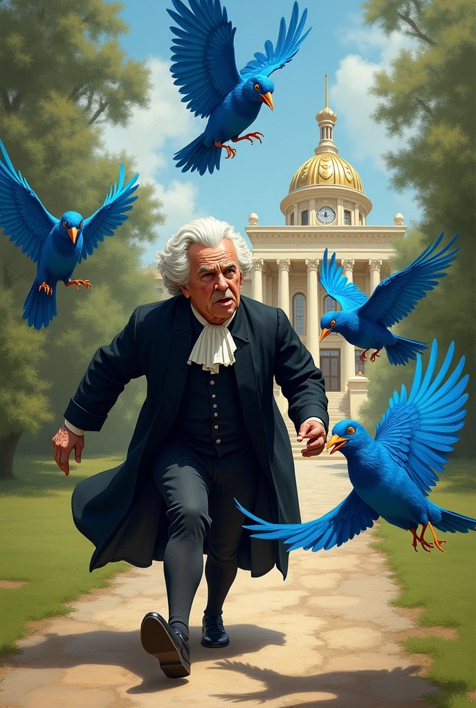 Several blue birds running after a judge 

