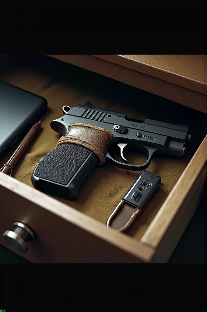 Create an image of a gun wrapped and stored in a drawer 
