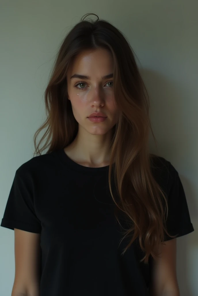 Woman looking down and crying,Highest quality,Beautiful Skin,long hair,20A woman in her twenties,Alone in the room,Black T-shirt