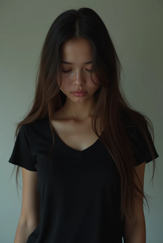 Woman looking down and crying,Highest quality,Beautiful Skin,long hair,２０A woman in her twenties,Alone in the room,Black T-shirt