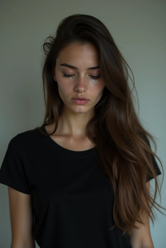 Woman looking down and crying,Highest quality,Beautiful Skin,long hair,２０A woman in her twenties,Alone in the room,Black T-shirt