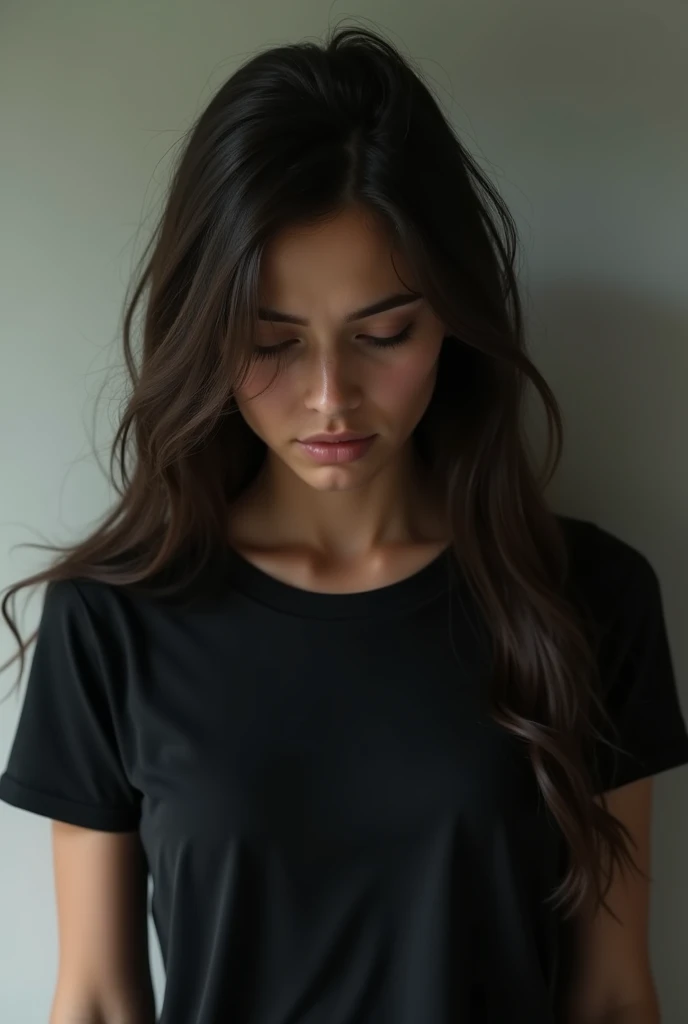 Woman looking down and crying,Highest quality,Beautiful Skin,long hair,２０A woman in her twenties,Alone in the room,Black T-shirt