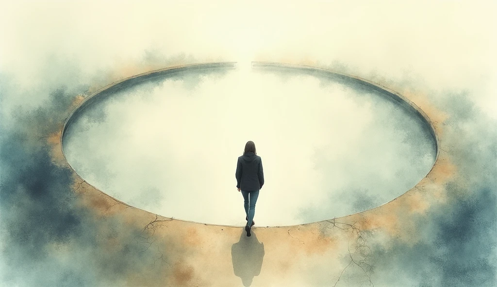 watercolor art of a person walking in a circle and getting nowhere