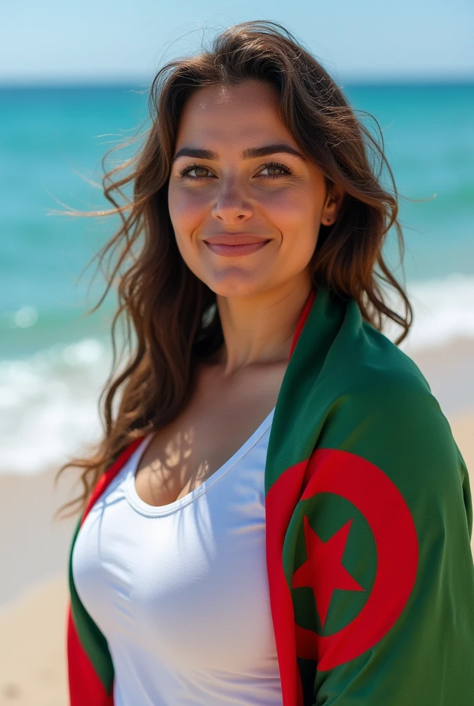 Close up, woman, fat, wearing summer t-shirt, with Algerian flag scarf on her shoulder, looking directly at the camera, she is standing on the blue sea shore 
