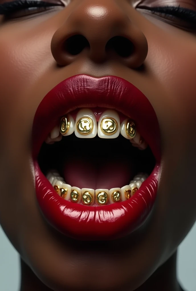 a female mouth, with lush red lipstick , dark-skinned, the upper teeth written " lab" with gold grillz, and on the lower teeth written " DELAXX" with gold grillz