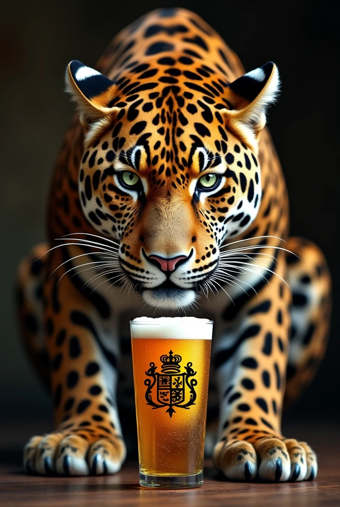 Jaguar , beautiful jaguar, majestic jaguar, several ounces around a glass of beer, glass cup with coat of arms printed on it. beer advertisement , propaganda, maximum detail in the jaguars 