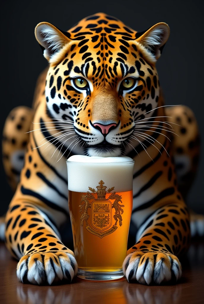 Jaguar , beautiful jaguar, majestic jaguar, several ounces around a glass of beer, glass cup with coat of arms printed on it. beer advertisement , propaganda, maximum detail in the jaguars 