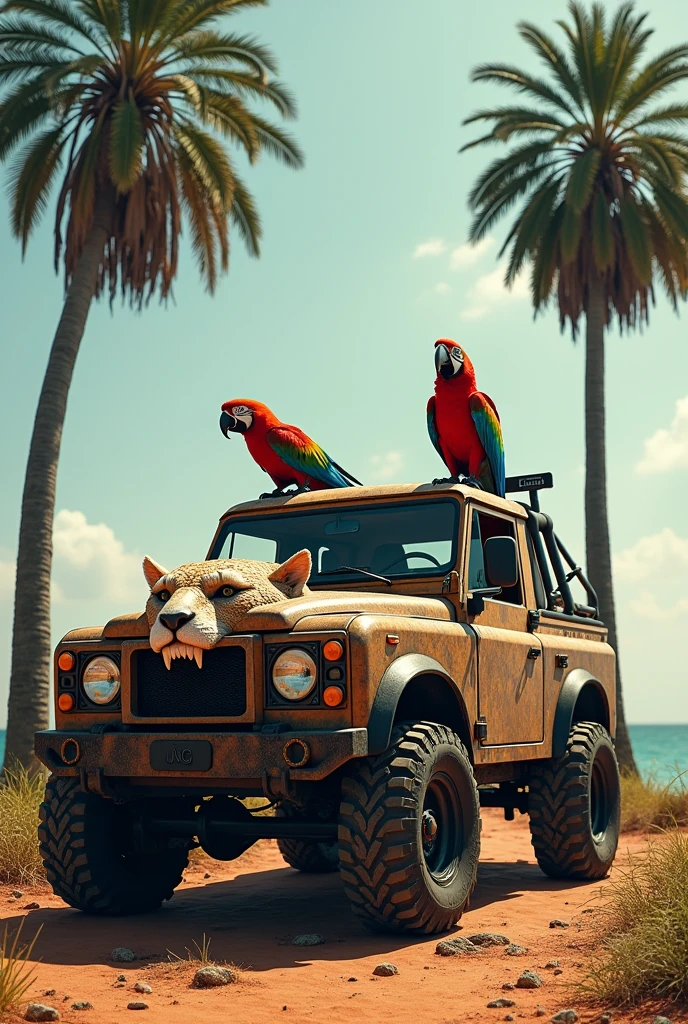 UAZ car stripped, to that image remove the tent from the car, Decorate it with a puma head and two macaws, decorate the car with two palm trees behind the macaws, on the car