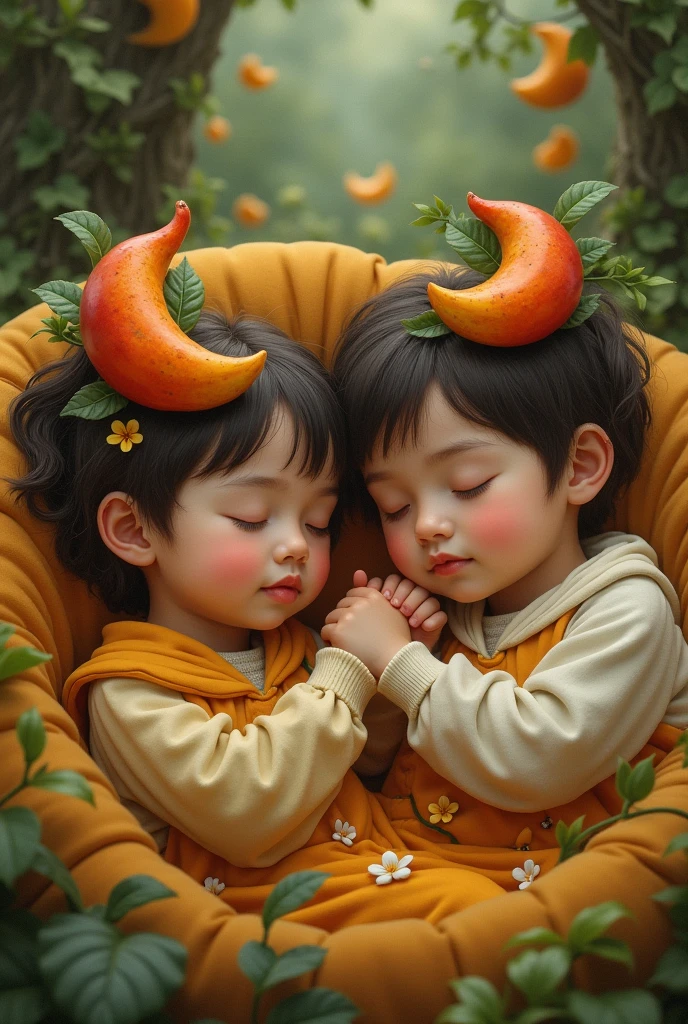 children sleeping, with clothes, cashew fruit accessories