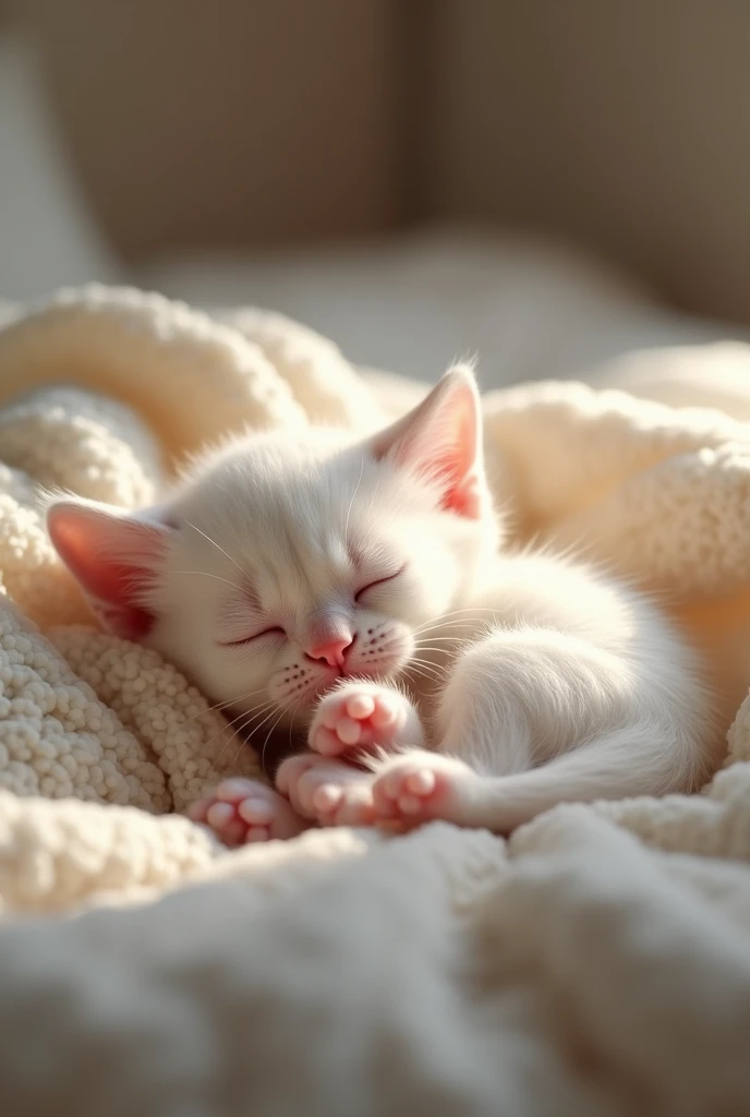 White cat 、Sleeping in bed、Dream of eating delicious food