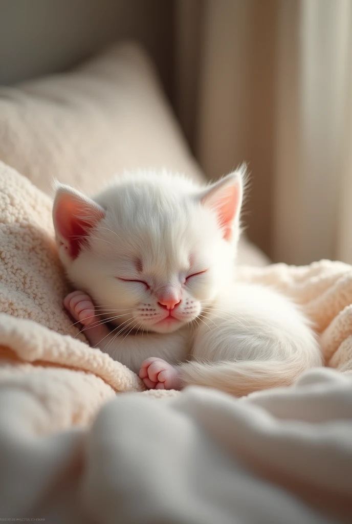 White cat baby、Sleeping in bed、Dream of eating delicious food