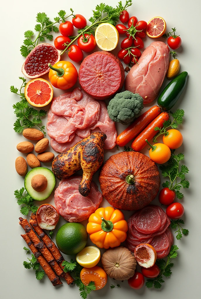 In a collage put the following foods: salt, buf, spices, pork, boiled, fried, grill, sauce, tomato, carrot, potato, orion, meat, beans, broccoli, cucumber, sittuce, pepper, cabbage, pumpkin, strawberry, grape, pear,watermelon,banana,apple,pineapple,peach,Orange,coconut