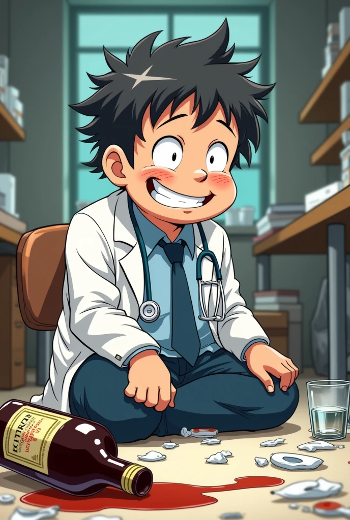 I need an anime image of a little doctor with his bottle of fernet thrown on the floor very drunk