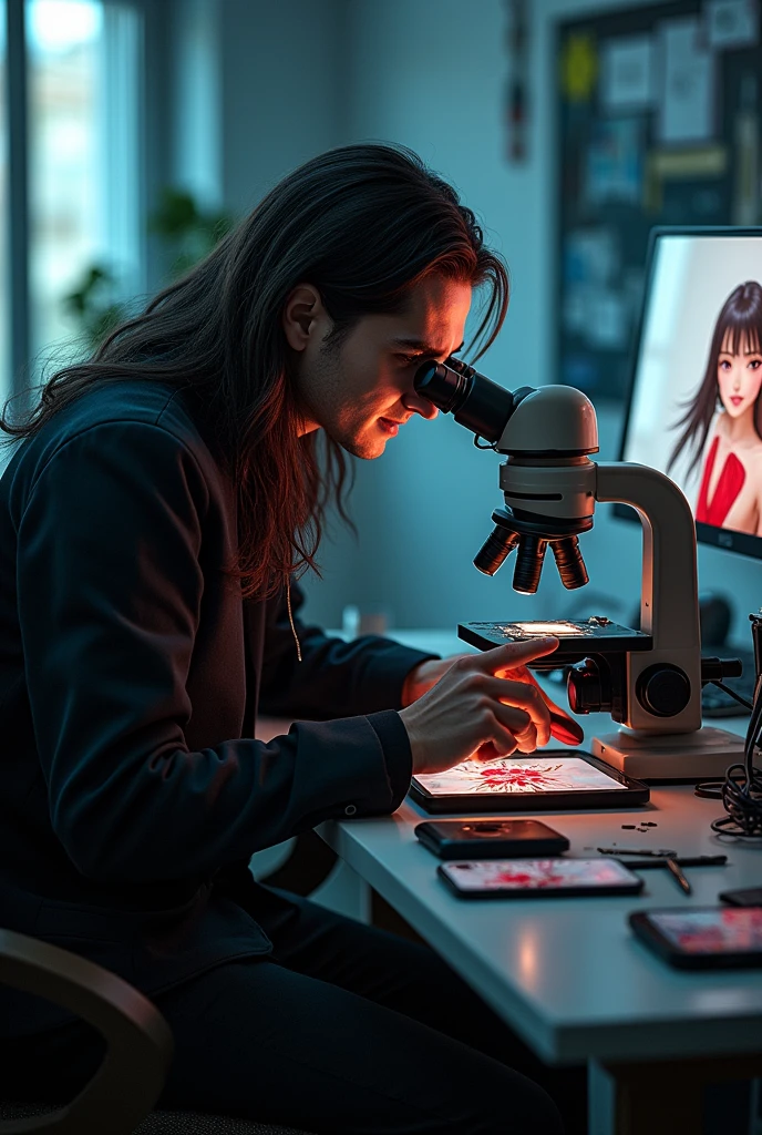 Mobile phone repair center equipped with the latest equipment. Dracula, a man with red eyes, sits on a chair looking into a microscope and repairing an iPhone. The photo is taken from above with the mobile phone holding a picture of an anime girl in a red swimsuit. The microscope is being replaced with a modern model and Dracula&#39;s hair is being lengthened with his fangs showing in his hand. A screwdriver is in the microscope with two lenses and a digital screen on the wall. The photo under the cap is changing the hairstyle. Long hair is tied up. Some maintenance parts are spread out on the table. 

