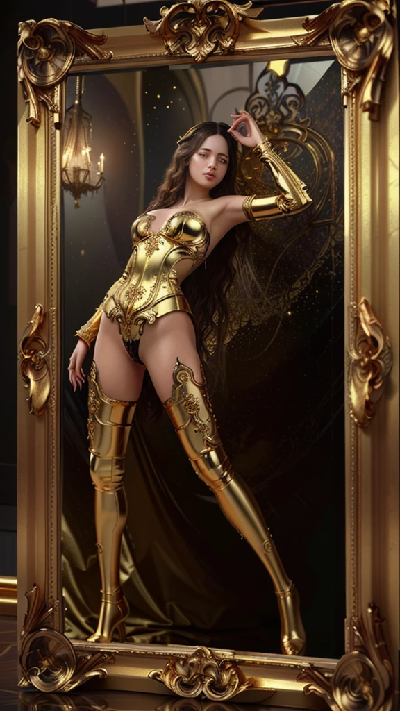 masterpiece, beautiful a gold frame, ornate baroque gold frame, art nouveau concept art, octane render, baroque marble and gold in space, rococo details, ornate giger background, intricate details in the frames, ornate gilded details, rococo and art nouveau fusion, epic 3d magical background artwork, mirror background
