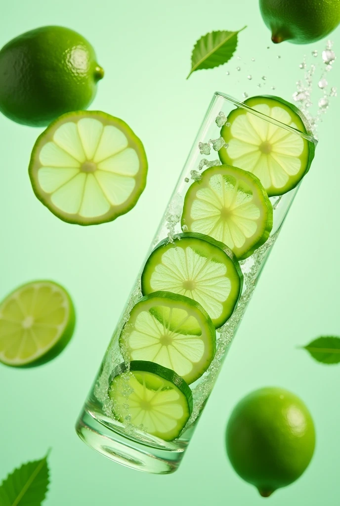 splash of green lime and sliced cucumber background, natural water that includes sliced cucumber and green lime and whole cucumber