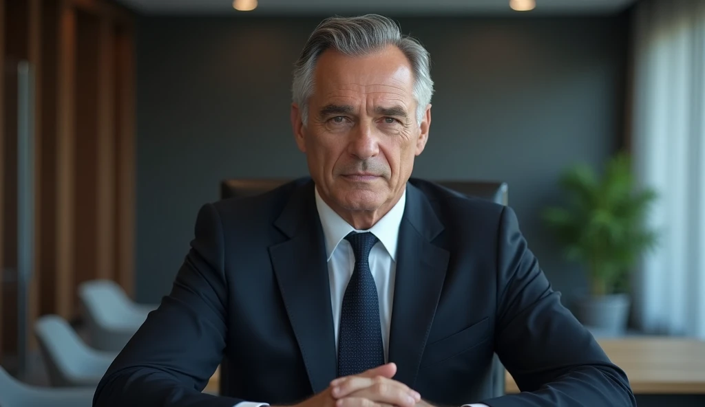 Male board director in his 50s facing camera ready to conduct an interview. 